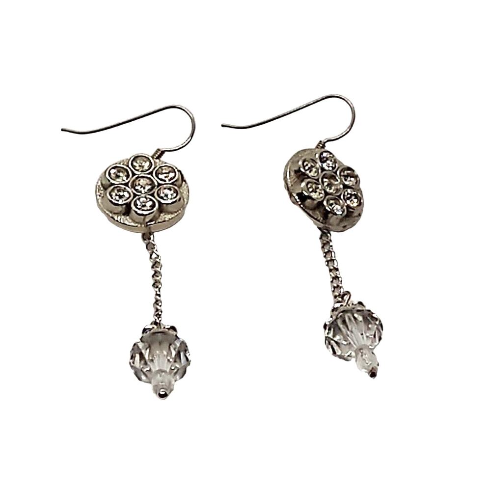 Rhinestone button and crystal earrings Silver tone Handmade